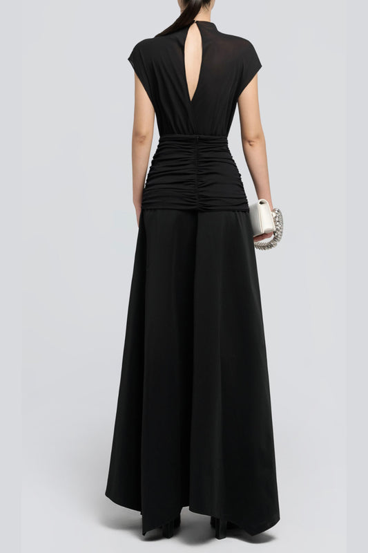 black Waist cross pleats midi dress with asymmetric hemline