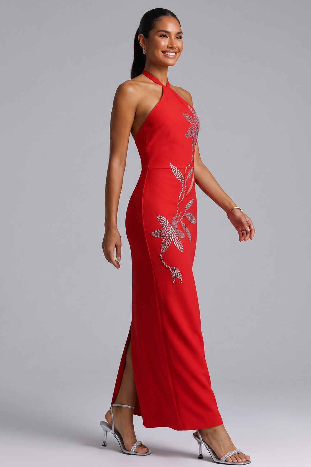 Red Halter Neck Evening Gown with Silver Floral Embellishments Premium Fabric - product view 1