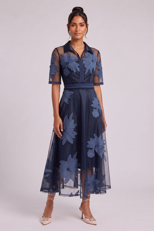 Navy Blue Sheer Organza A-Line Midi Dress with Floral Embroidery navy blue sheer organza mesh dress - product view 2