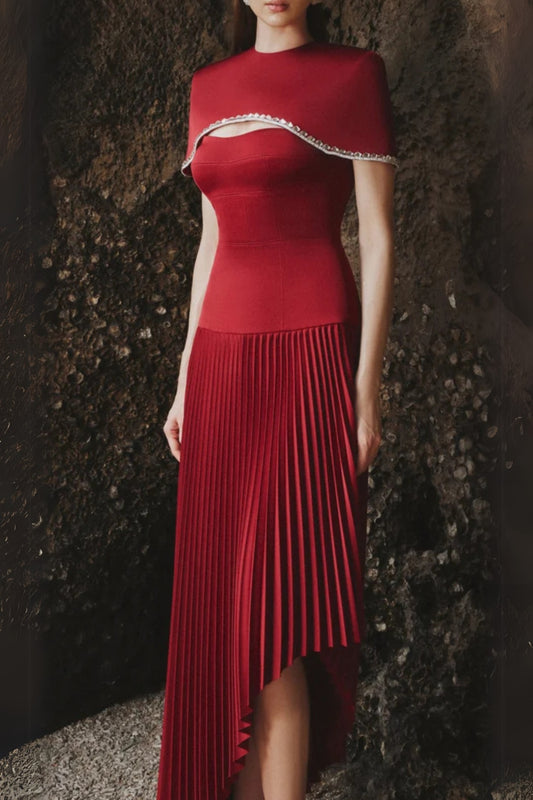 Spaghetti Strap Asymmetric Pleated midi Dress in red