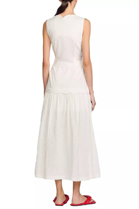 Scallop trim V-neck Crinkled Maxi Dress in ecru