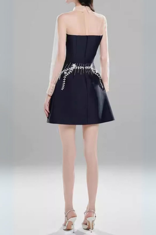 embroidered flower lapel tulle mini dress in dark blue