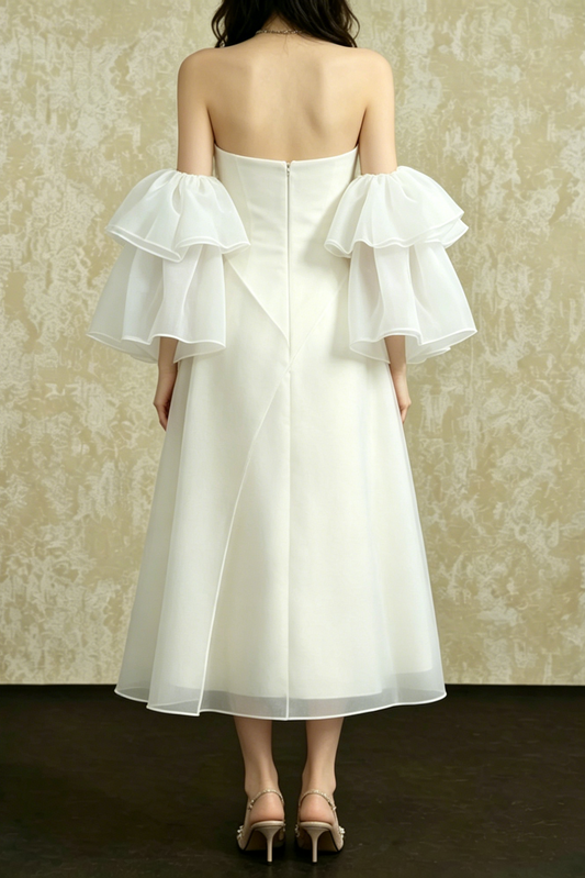 Strapless Layered Organza Midi Dress In White With Bell Cuff Sleeves