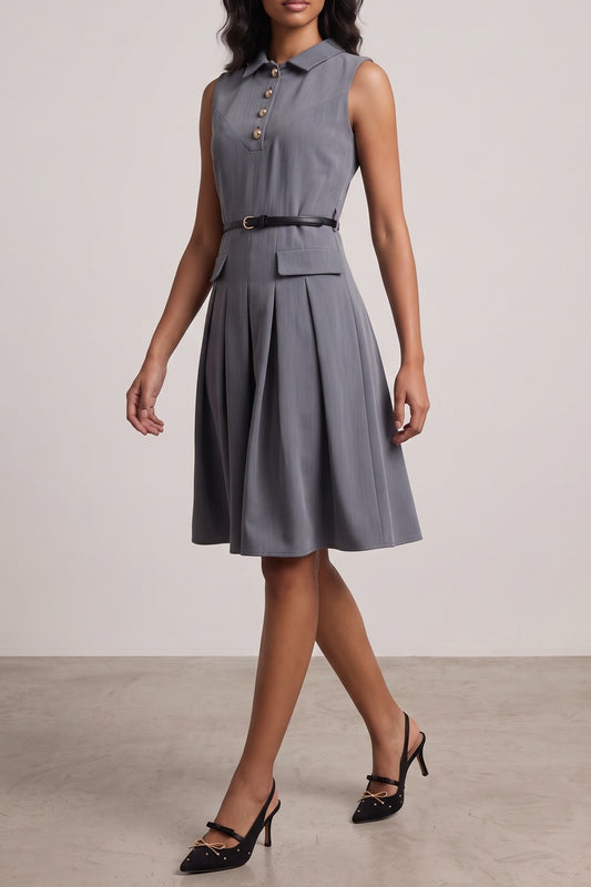 Collared Sleeveless Belted Pleated Midi Shirt Dress