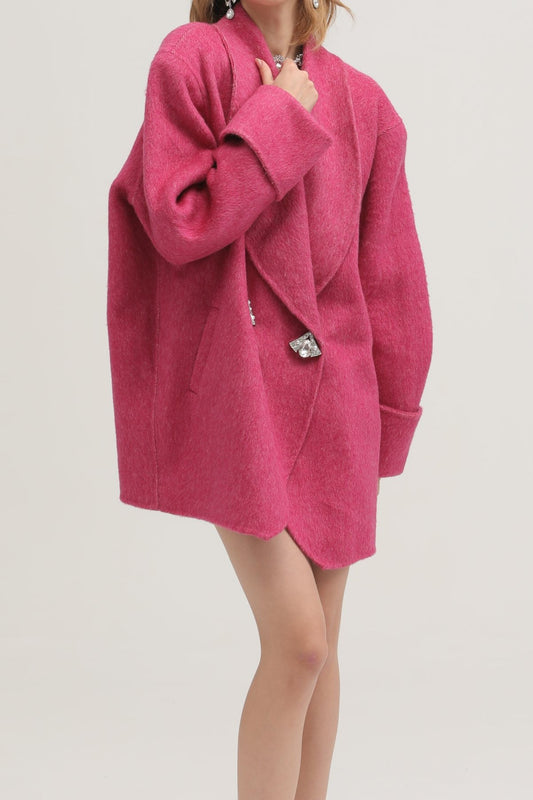 Oversized Wide Lapel Rhinestone Button Wool Coat