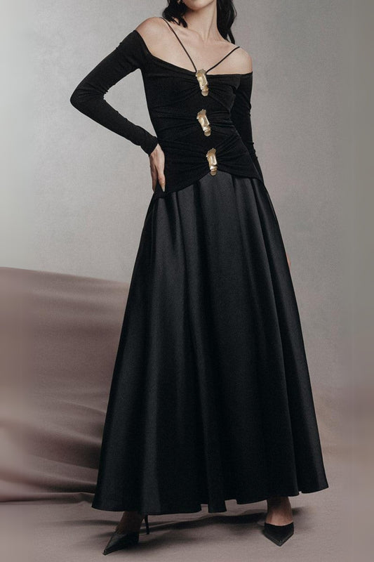 black A-line Cold Shoulder Sleeved Spandex Taffeta Maxi Dress