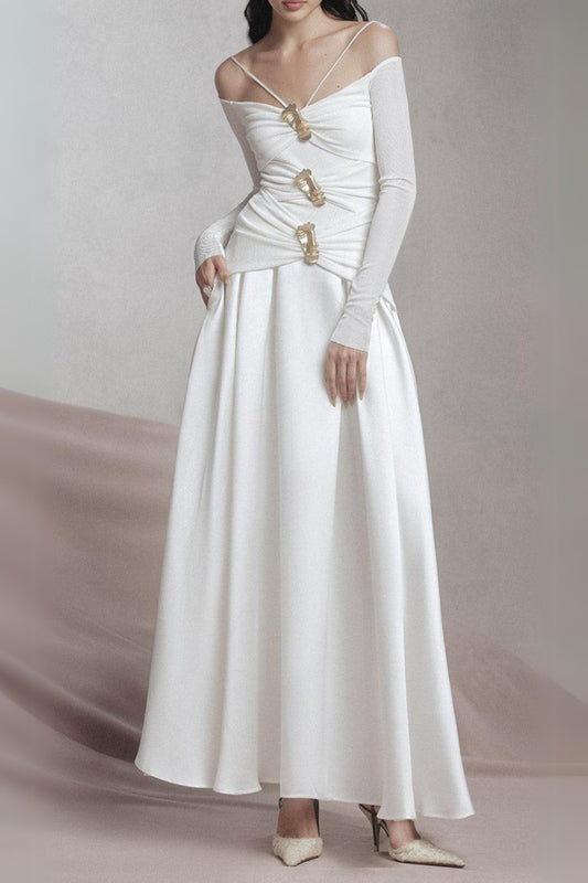 white A-line Cold Shoulder Sleeved Spandex Taffeta Maxi Dress