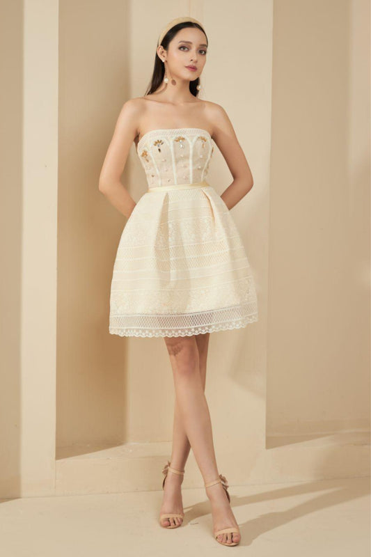 TERESA BEIGE A-LINE STRAIGHT ACROSS NECK LACE MINI DRESS