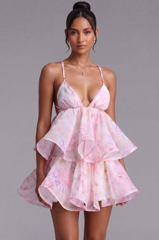 Light Pink Organza Floral A-Line Babydoll Mini Dress light pink organza dress - product view 2