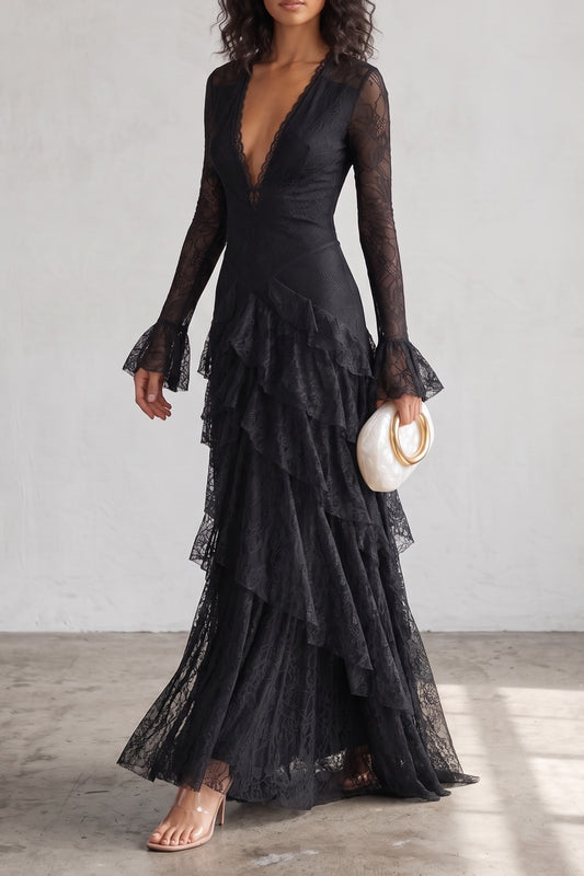 Long Sleeve Deep V Lace Tiered Maxi Dress