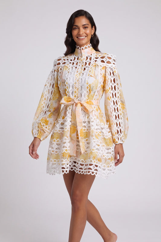 White & Yellow Floral A-Line Mini Dress with Lace Panels White, Yellow Lightweight woven cotton or linen blend Mini dress - product view 1