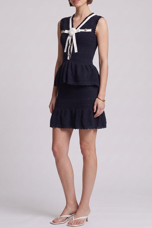 Navy Hollow Knit Peplum Top & Ruffle Skirt Two Piece Set