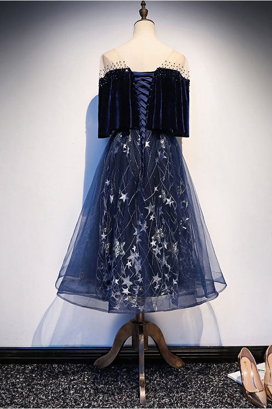 Blue tulle lace midi prom dress