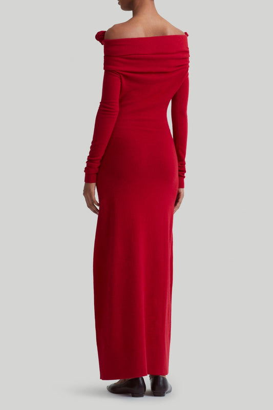 off-shoulder floral embellished ruched maxi dress in red