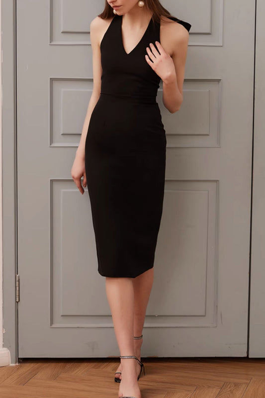 backless bow midi dress in black