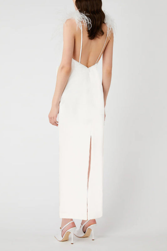 Feather bow backless midi dresses in white