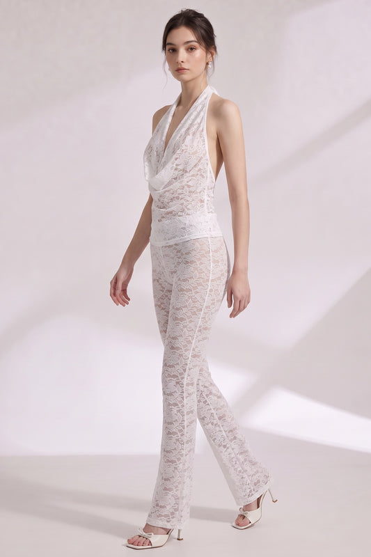 White Sheer Floral Lace Two-Piece Set - Halter Top & Flared Pants White Sheer floral lace Two-piece set (top and pants) - product view 2