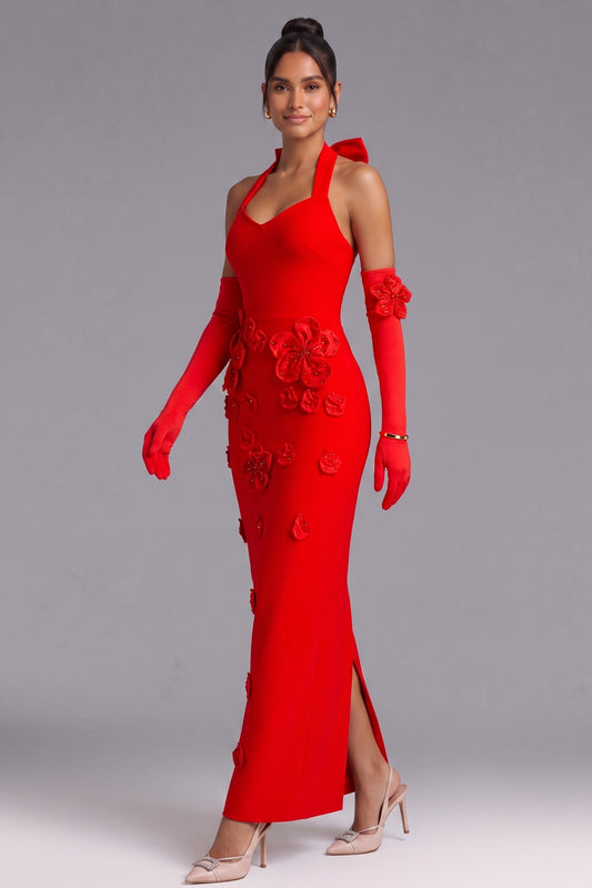 Red Halter Neck Floor-Length Gown with 3D Floral Embellishments Premium Fabric - product view 2