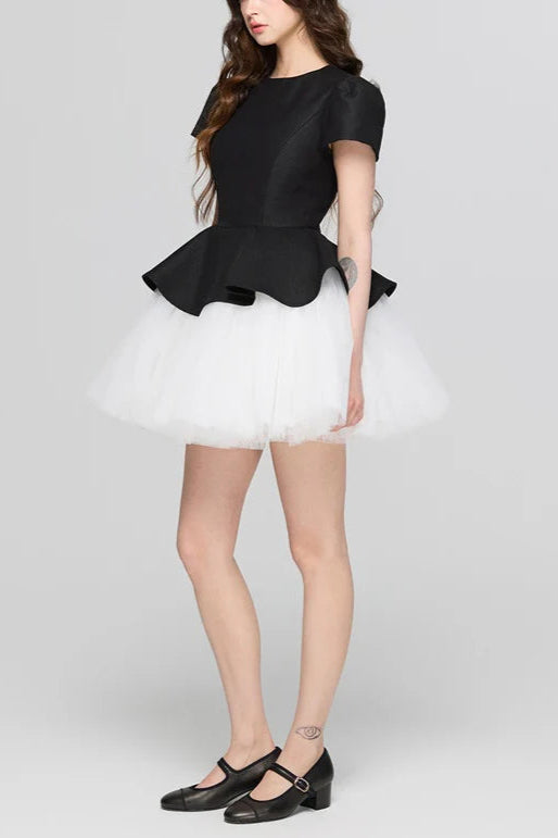 two-tone Velvet ruffle hem puffy mini dress