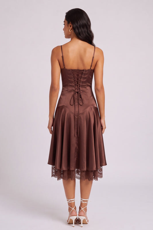 Chocolate Spaghetti Strap Satin Lace Hem Midi Dress