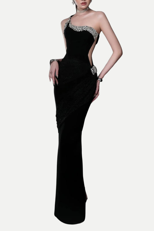 black one-shoulder diamonds bandage maxi dress