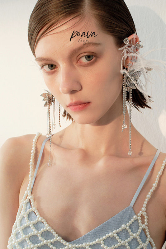 Feather Crystal Embellished Drop Earrings