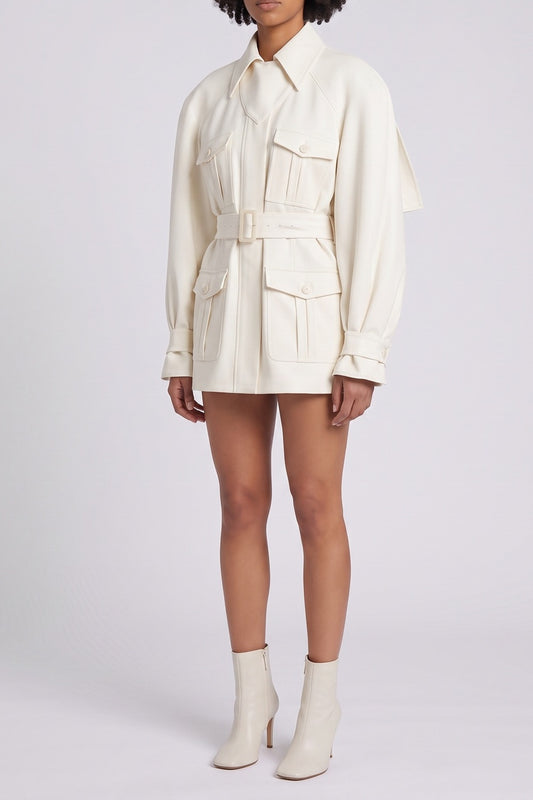 Collared Long Sleeve Belted Cargo Pocket Mini Field Jacket