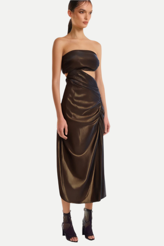 STRAPLESS CUTOUT LEATHER MIDI DRESS