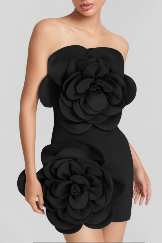 STRAPLESS FLOWER MINI DRESS IN BLACK