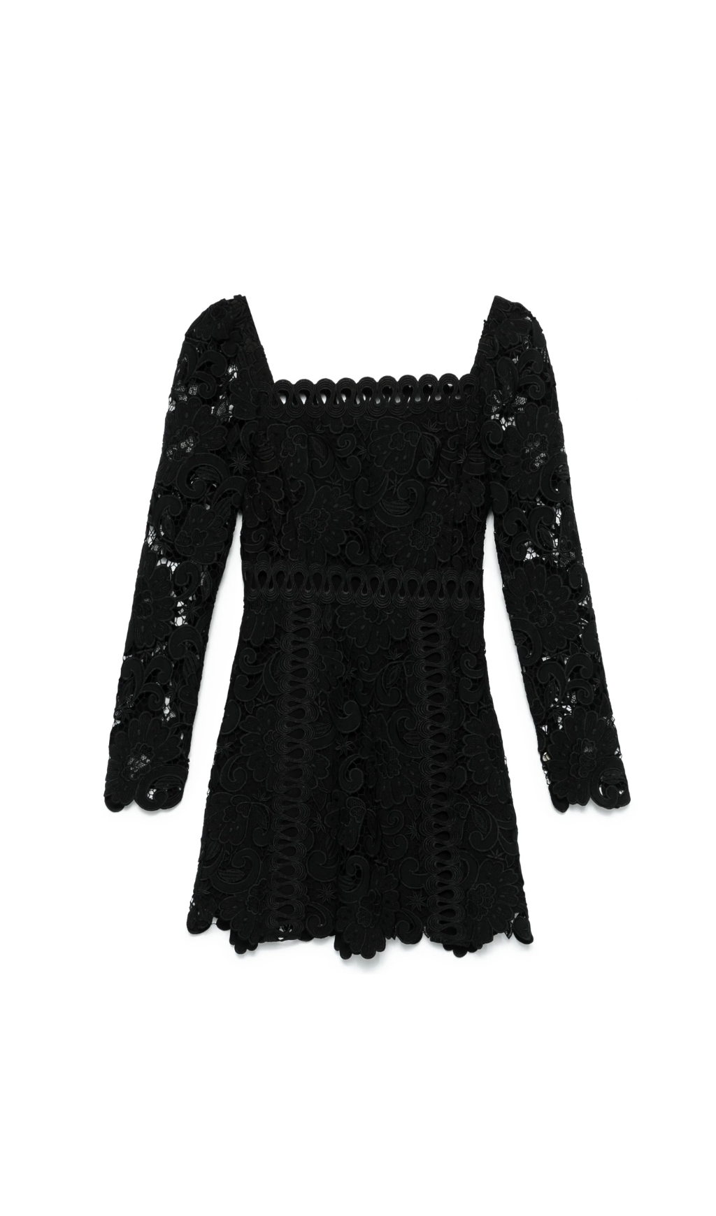 floral-motif hollow lace mini dress in black