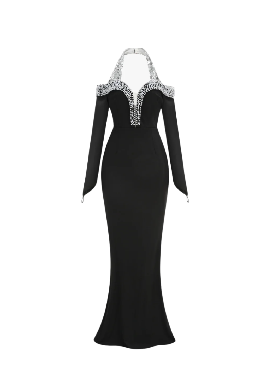 Halter Pearl Crystal-Trim Gown in black
