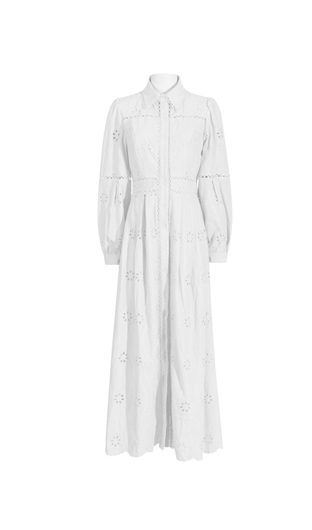retro single-breasted hollow lace midi dress in white