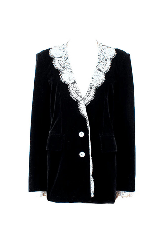 lace-neck velvet blazer in black