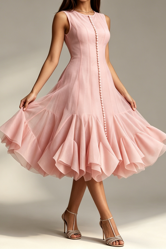 Blush Pink Crew Neck Sleeveless Vertical Button Front Flared Ruffle Hem Midi Dress