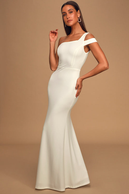 White One-Shoulder Mermaid Maxi Dress