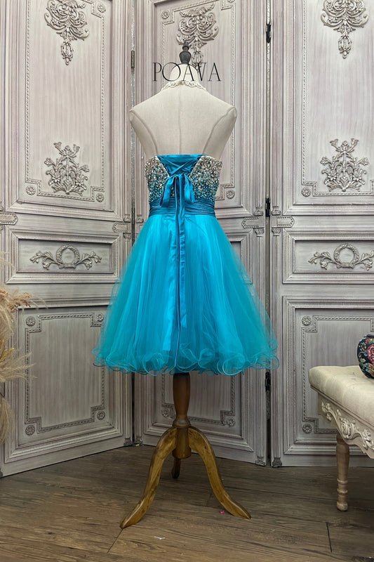 Embellished Yarn Strapless Midi Dress In Blue