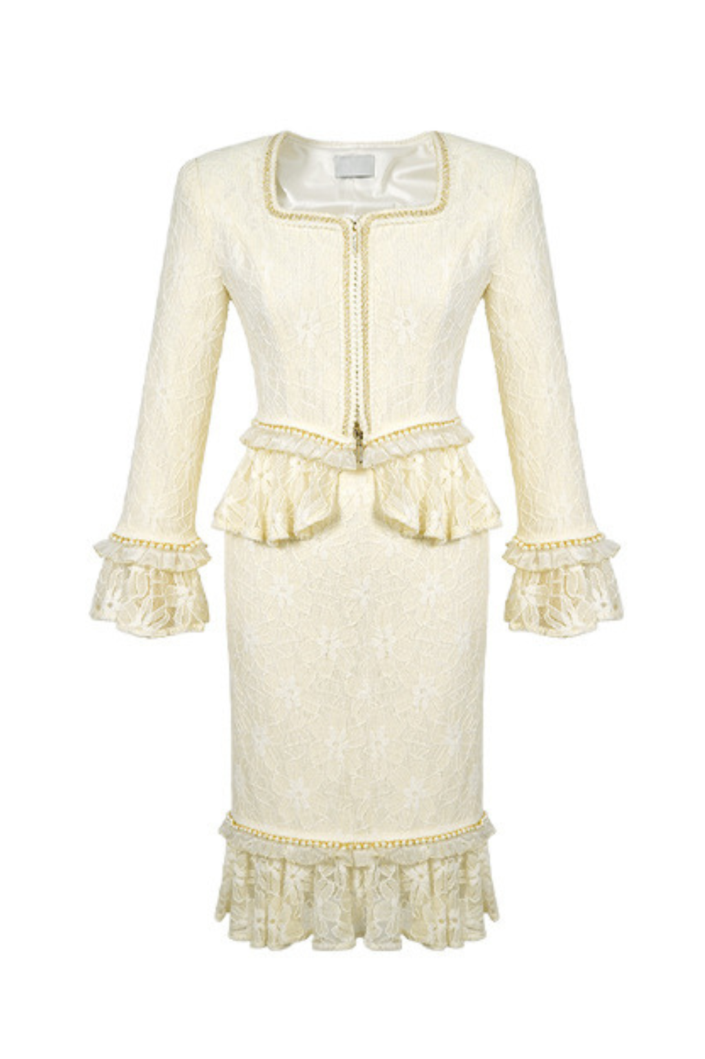 lace top bodycon skirt suit in ivory