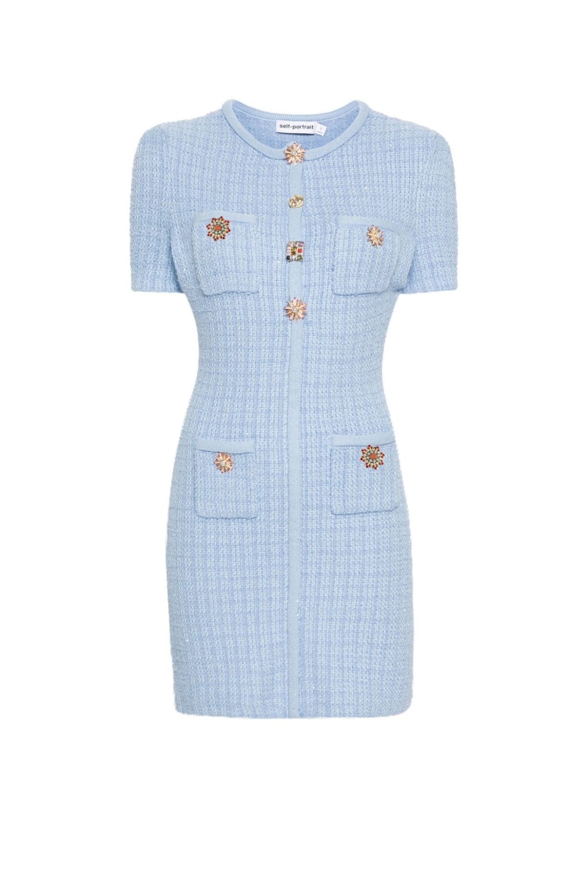 MODESTY BEADED BUTTON KNIT MINI DRESS IN BLUE