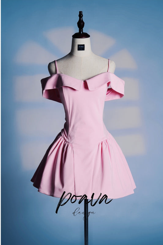 COTTON CANDY TWILL OFF SHOULDER MINI DRESS