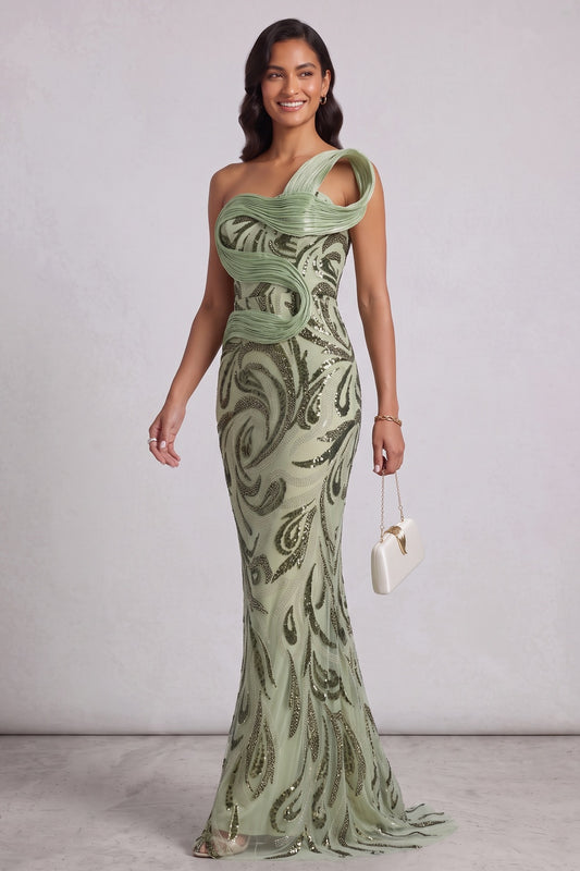 Sage Green One-Shoulder Sequin Embellished Floor-Length Gown Premium Fabric - product view 2