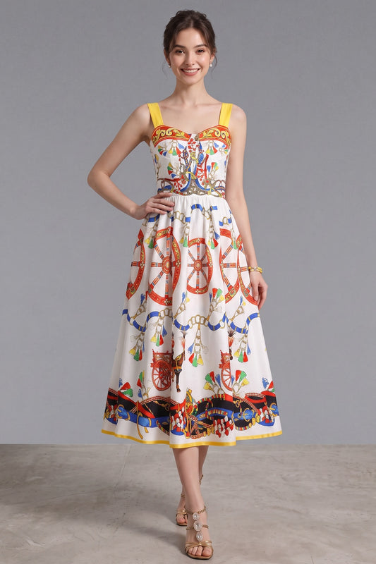 White Cotton Poplin Fit-and-Flare Midi Dress with Sicilian Carretto Print white cotton poplin midi dress - product view 2
