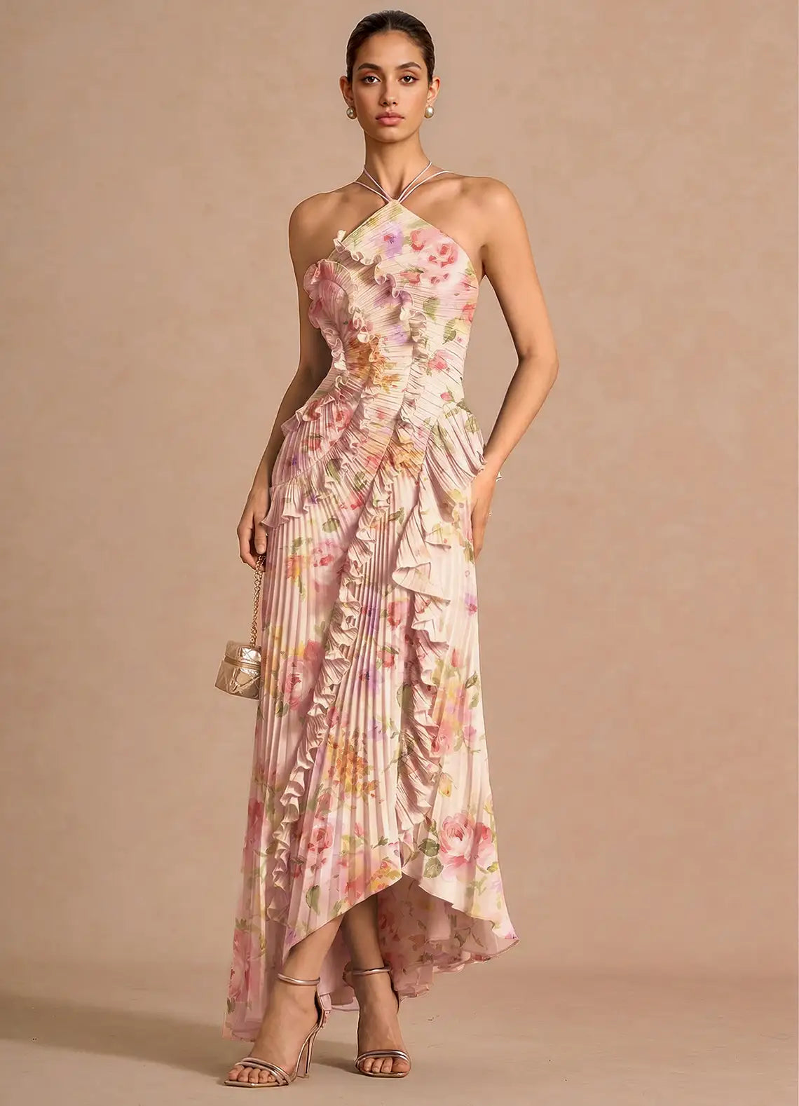 marcia Bouquet Floral ruffle trim pleated Maxi Dress