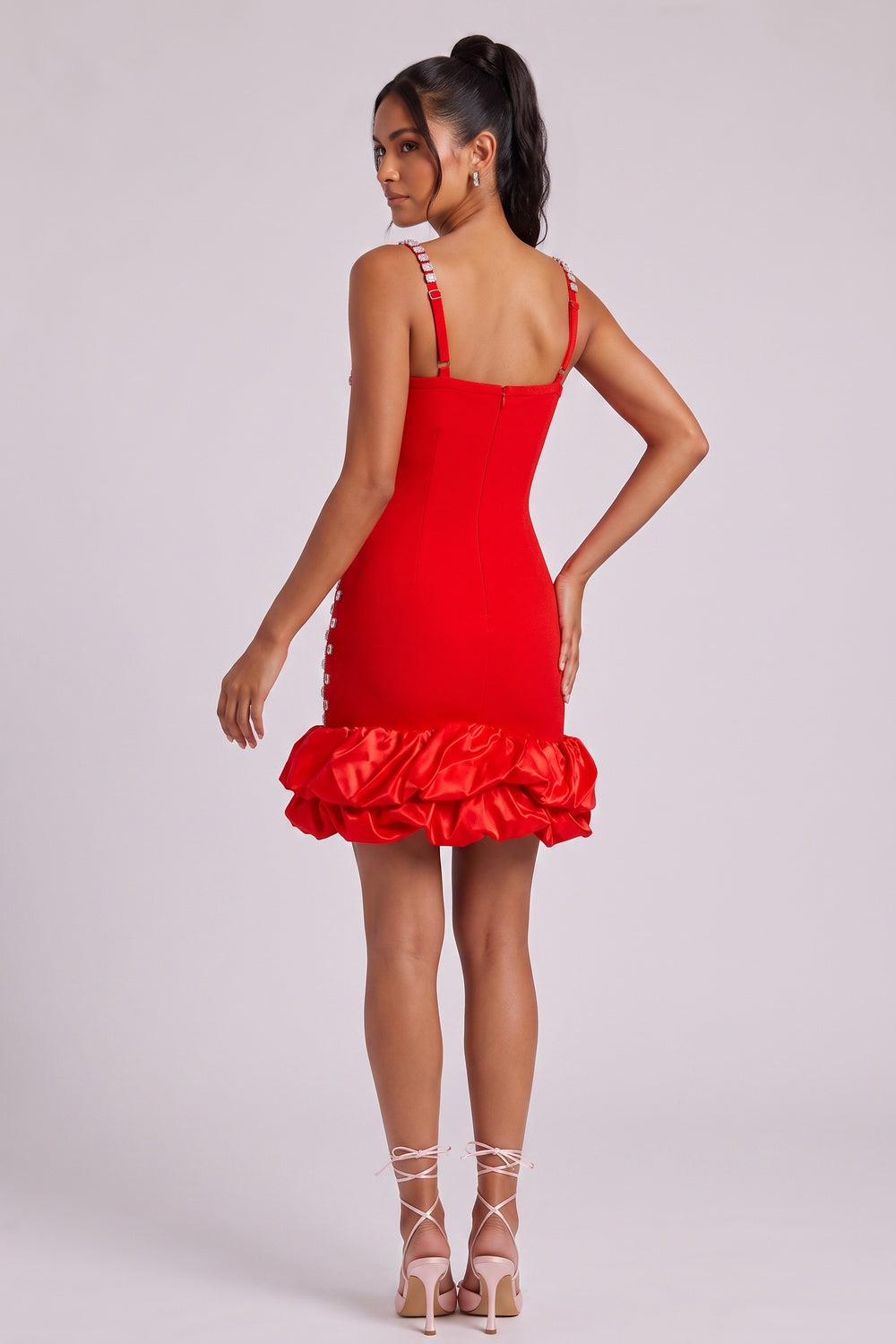 Red Structured Crepe Fitted Bodycon Dress with Bubble Hem red structured crepe dress - product view 5