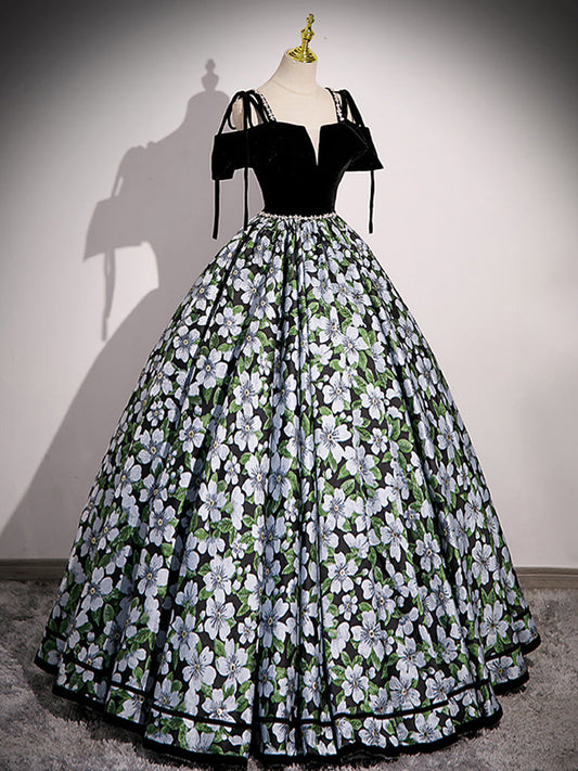 Black A-Line Satin Floral Prom Dress