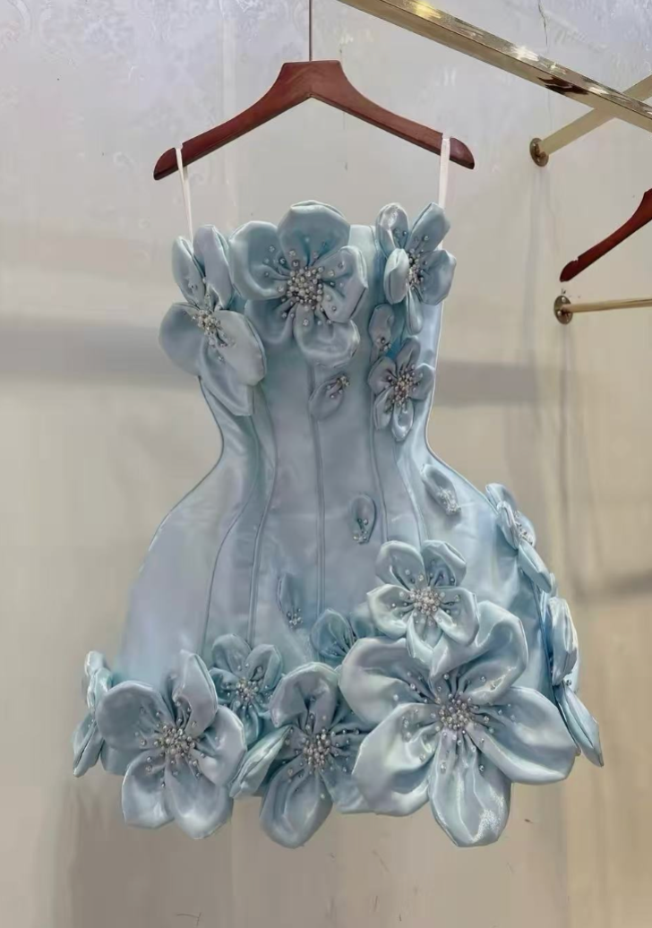 Light Blue Structured Crepe Bodycon Dress with 3D Floral Embellishments