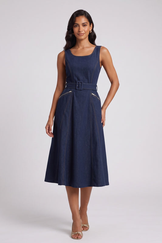 Dark Blue Denim Fit-and-Flare Midi Dress dark blue denim dress - product view 1