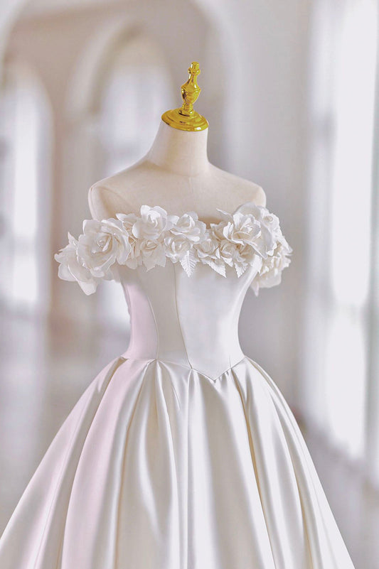 White Satin Long A-Line Ball Off the Shoulder Gown