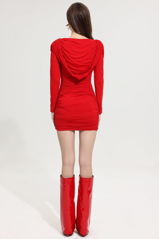 Hooded Pleated Mini Dress Red