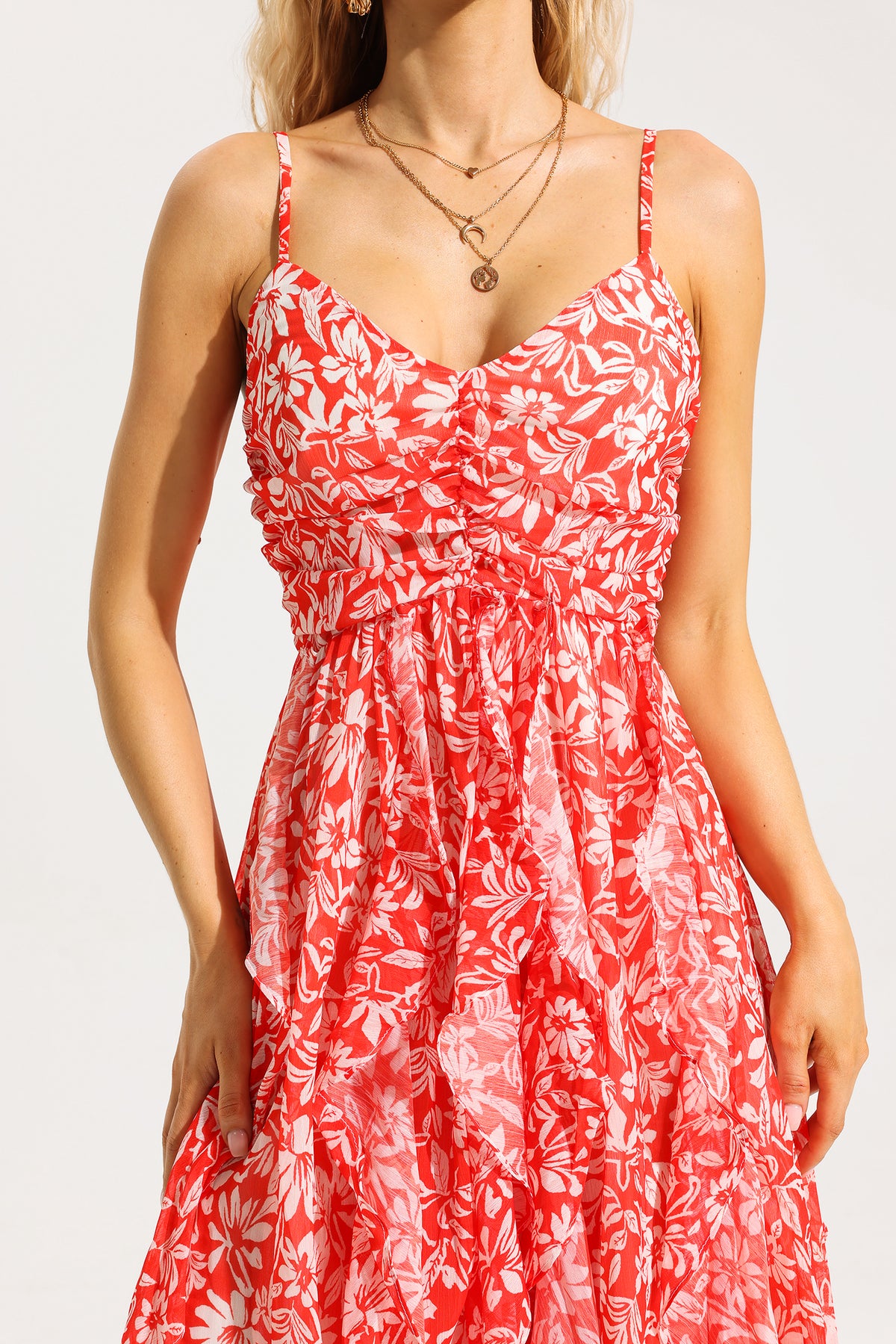 Floral Ruched Ruffle Cami Maxi Dress