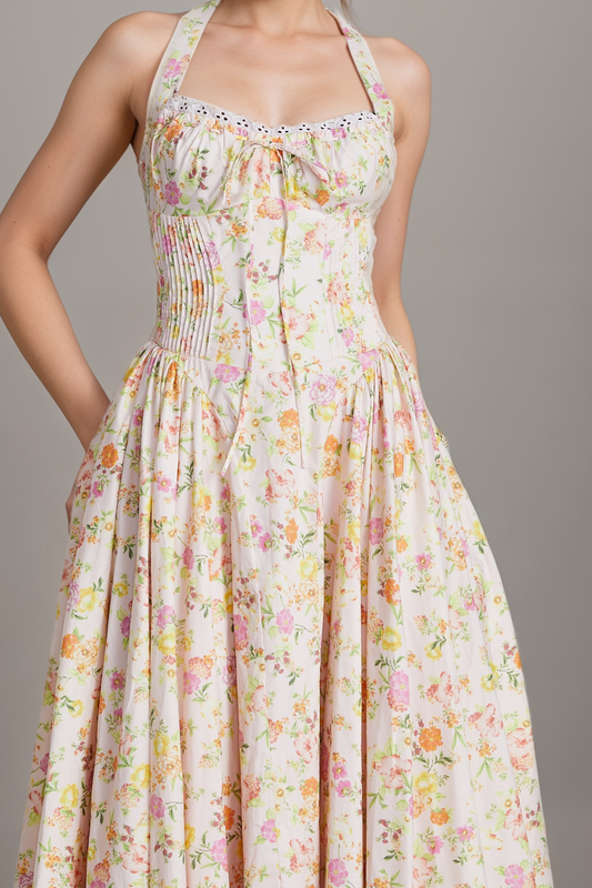 Lace Trim floral-print halter neck Pleated Bustier Summer Garden midi Dress